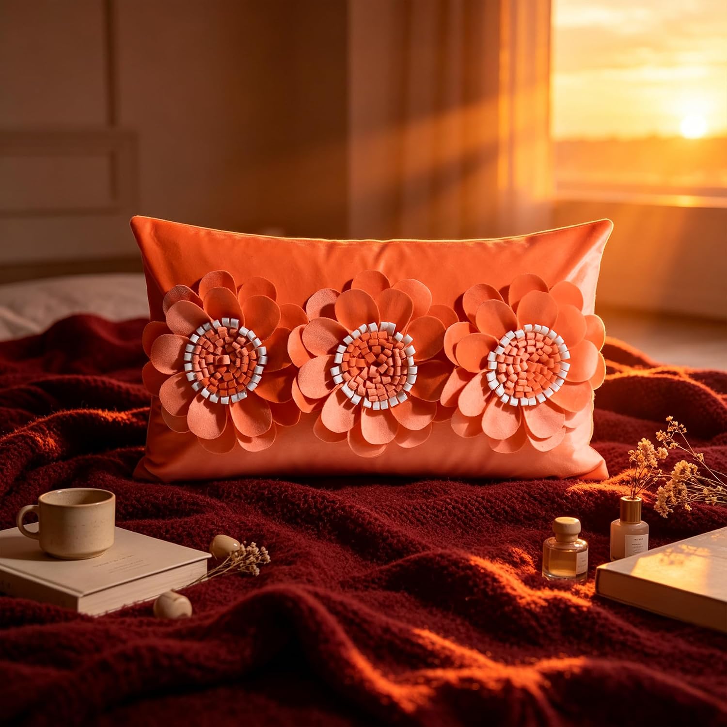 VG|orange|3D Flower Throw Pillow Cover