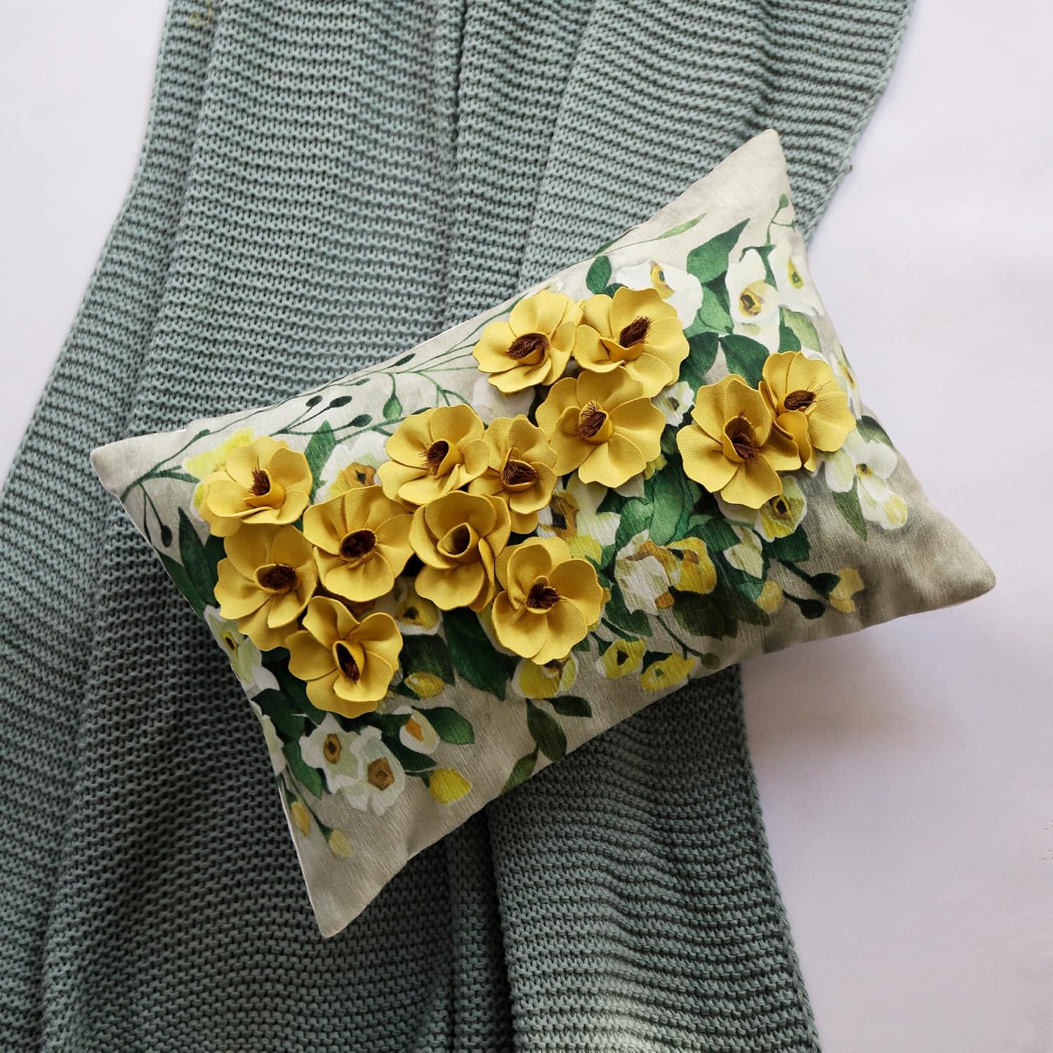 VG|yellow-flowers|3D Flower Lumbar Throw Pillow Covers White