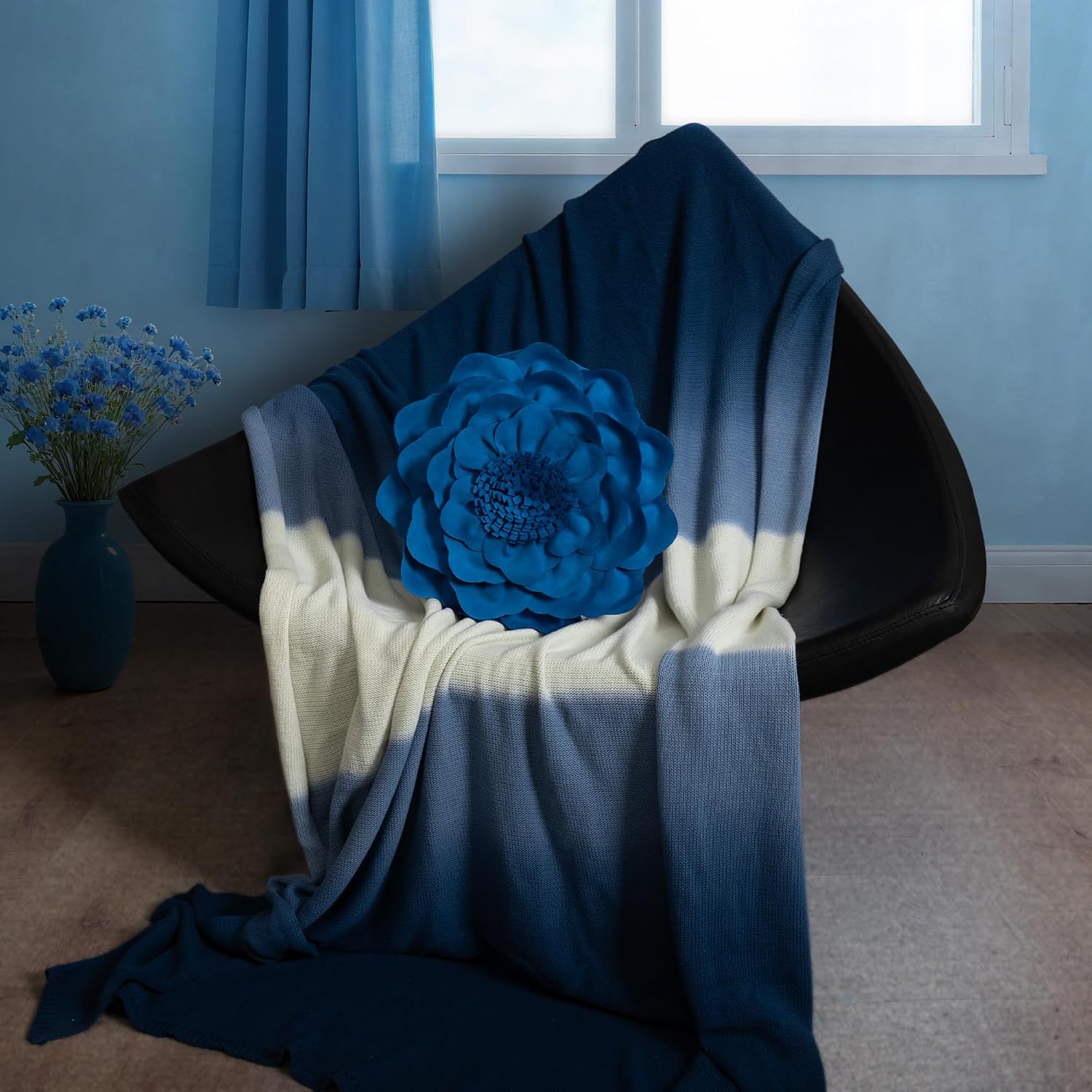 VG|blue|Flower Throw Pillow Cover Decorative Round Pillowcase Floral Cushion for Bed Sofa Couch Car Decor