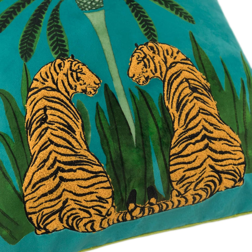 VG|blue|Decorative Tiger Embroidered Design Throw Pillow Cover Tropical Palm Pillowcase