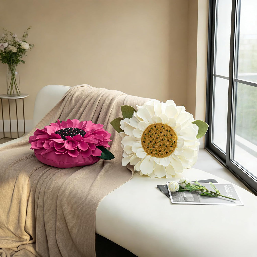 VG|creamy-white,fuchsia-pink|3D Flower Design Round Throw Pillow Flower Decorative Floral Cushion