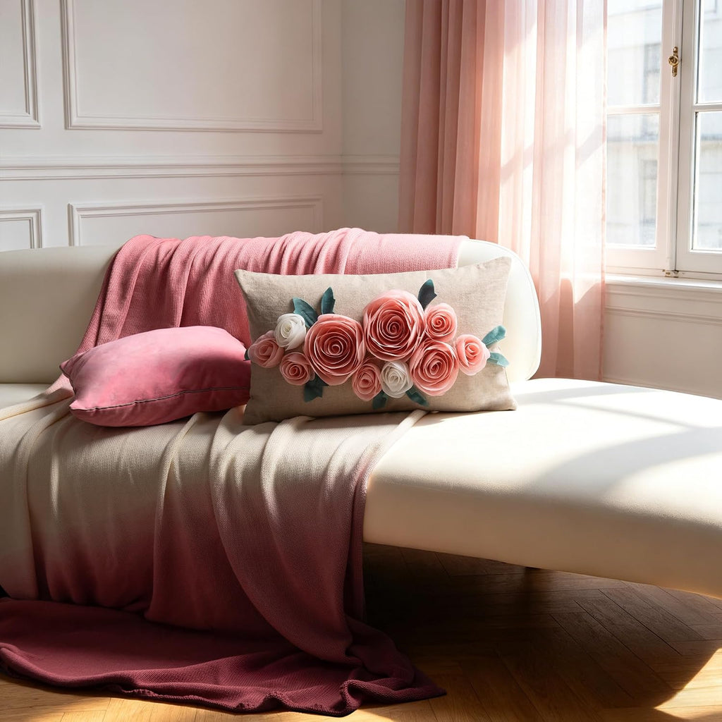 Decorative 3D Floral Throw Pillow Cover for Couch Living Room Home Decor Pink and White