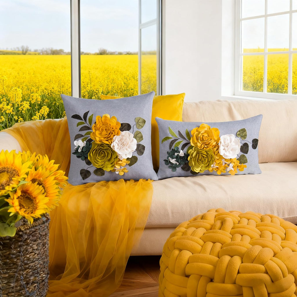 VG|yellow|Decorative 3D Flower Throw Pillow Cover Handmade Floral Accent Cushion Case for Living Room Sofa Couch Chair Gray