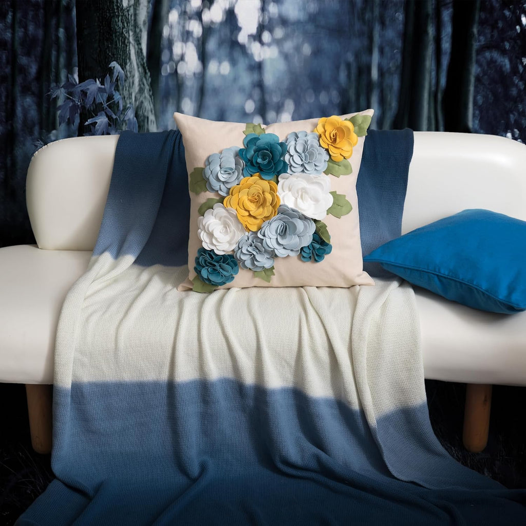 Handmade Decorative 3D Flower Throw Pillow Cover, Blue
