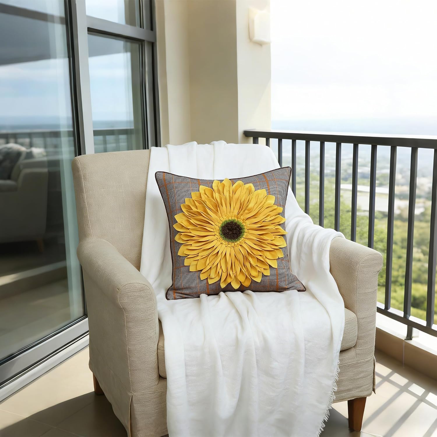 VG|yellow-plaid|3D Sunflowers Throw Pillow Cover Wine Red