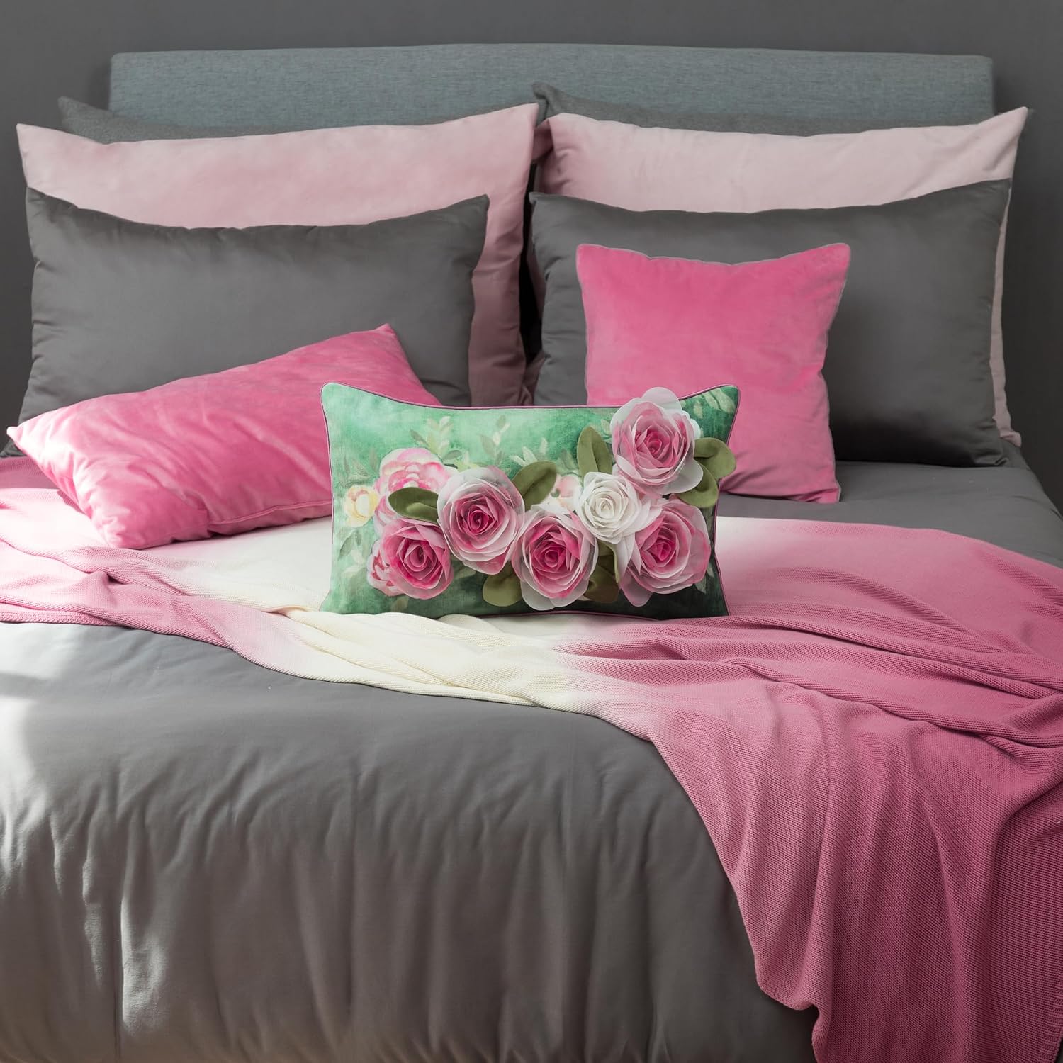 Gauze Rose Flower Throw Pillow Cover, Pink