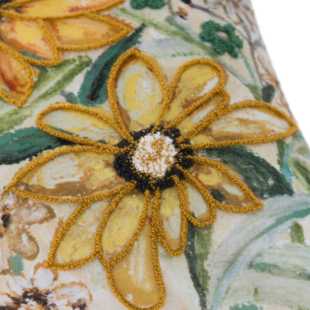 Velvet Throw Pillow Cover with Sunflower Design, Yellow and Green