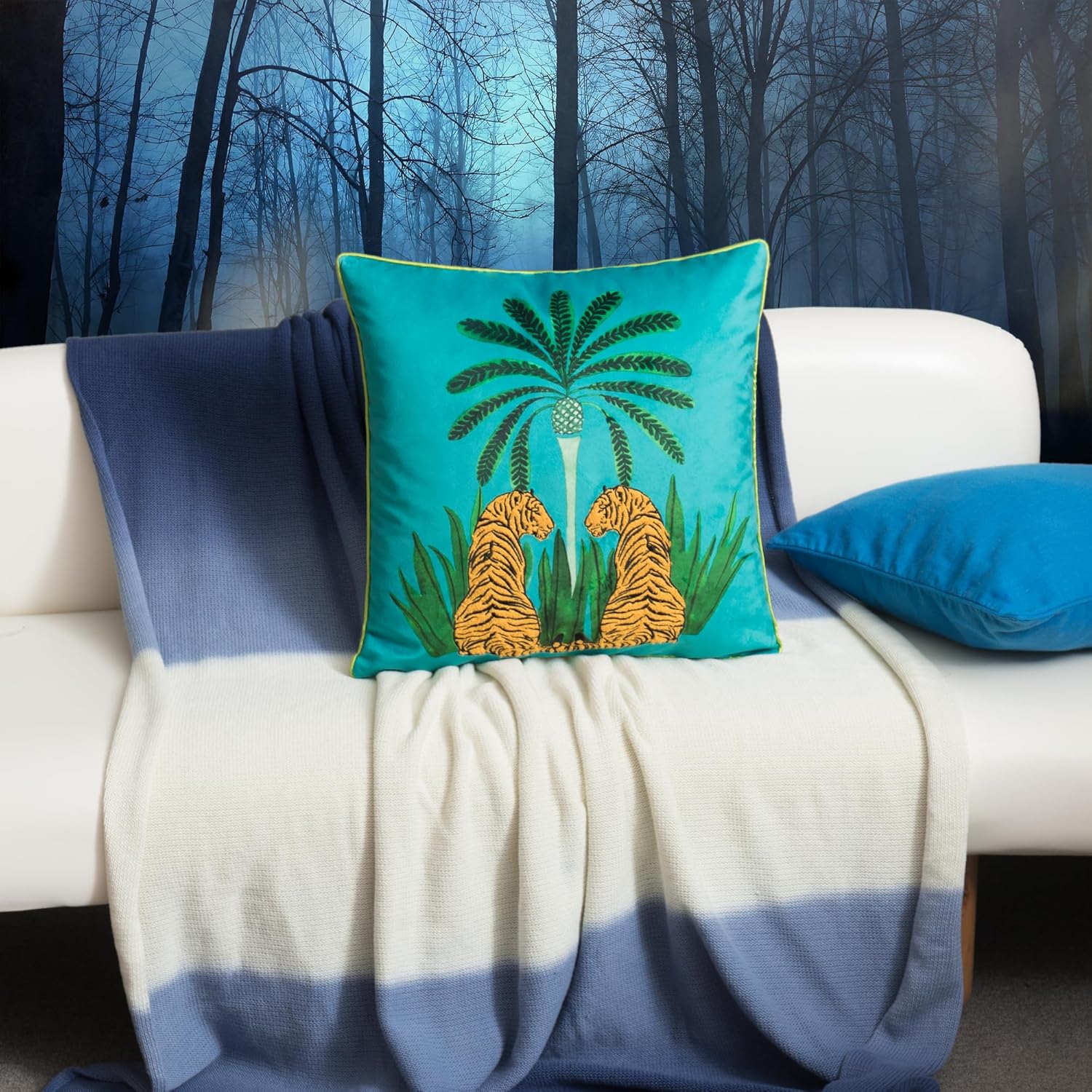 VG|blue|Decorative Tiger Embroidered Design Throw Pillow Cover Tropical Palm Pillowcase