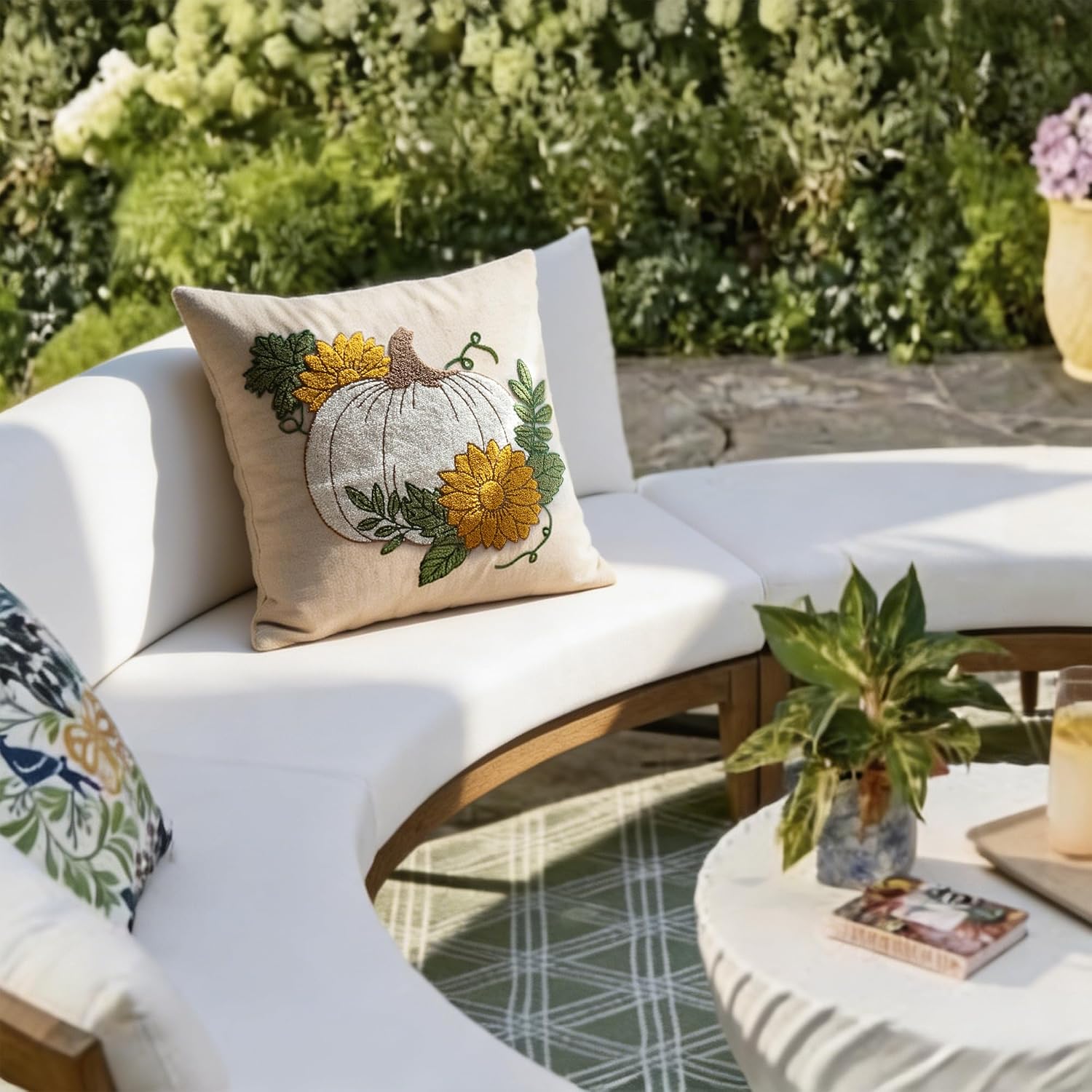 VG|beige|Fall Floral Pumpkin Embroidered Throw Pillow Cover