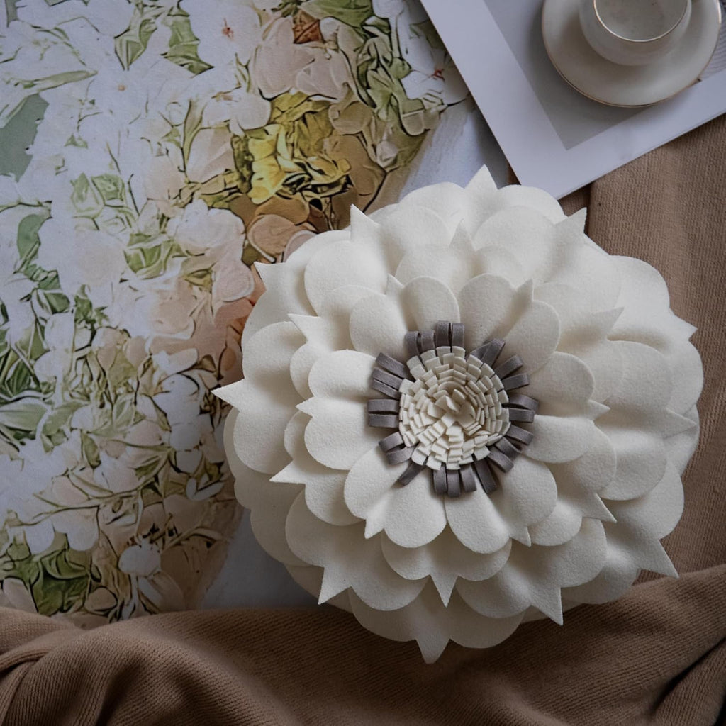 VG|cream-white|3D Flower Decorative Throw Pillow Accent Handmade Round Pillow Cushion with Insert for Home Couch Bedroom Decor