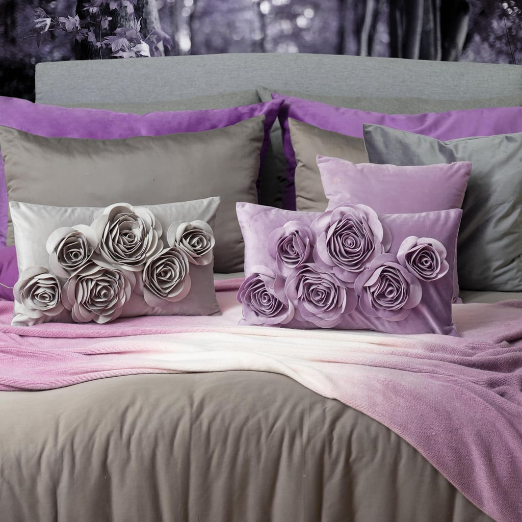 VG|purple|3D Flowers Throw Pillow Cover Decorative Soft Velvet Accent Floral Cushion Lumbar Pillowcase for Bed Sofa Couch Living Room