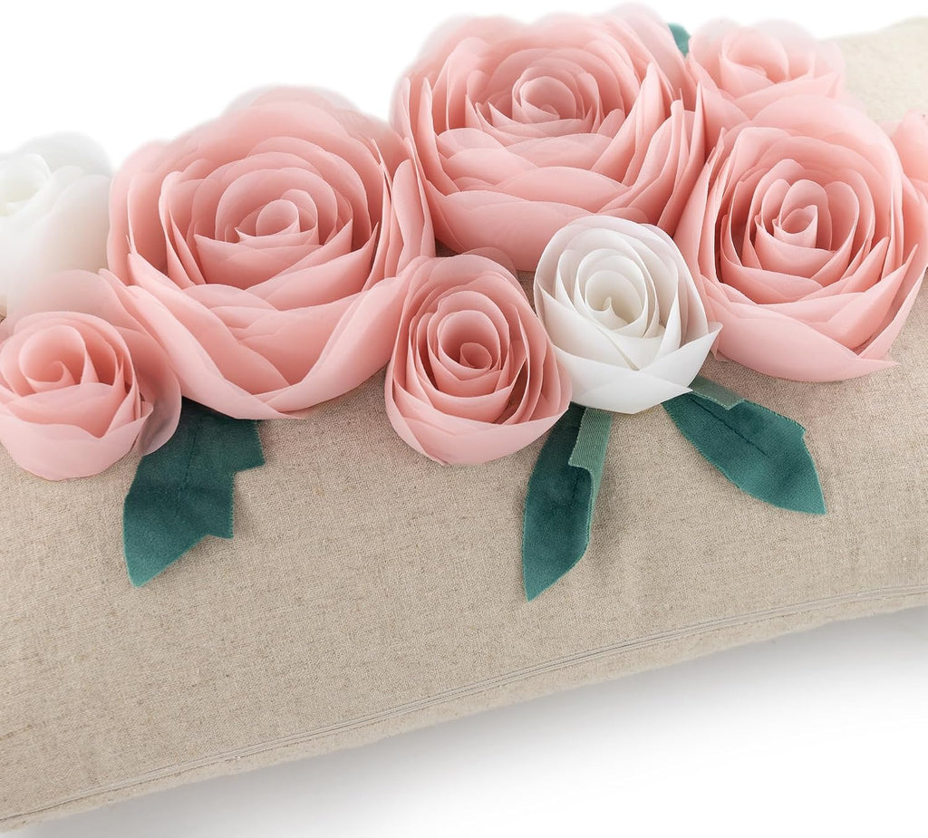 Decorative 3D Floral Throw Pillow Cover for Couch Living Room Home Decor Pink and White