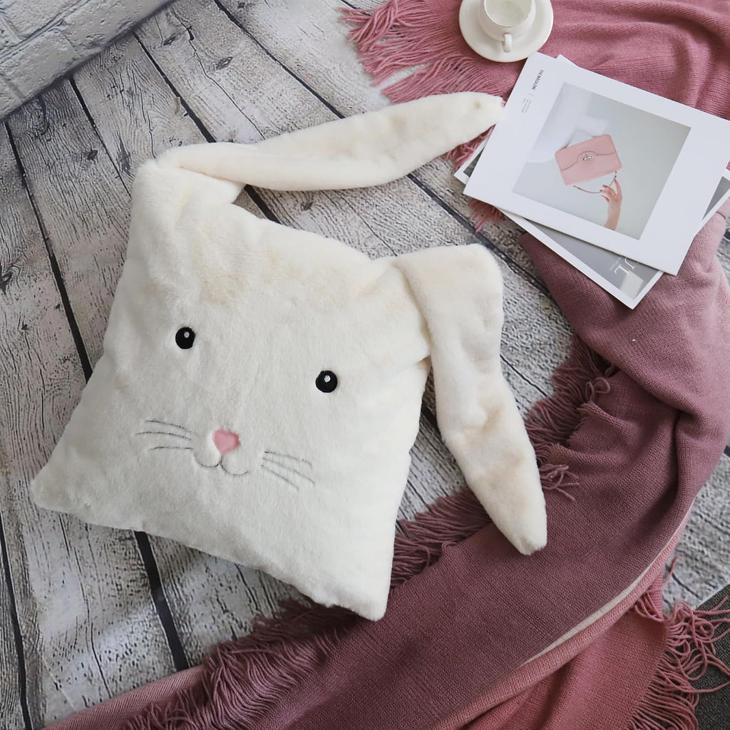 Long Eared Rabbit Throw Pillow Cover Faux Fur Plush Pillow Case Easter Decorative Cushion Cover for Holiday Home Decor Sofa Couch Living Bed Room Beige