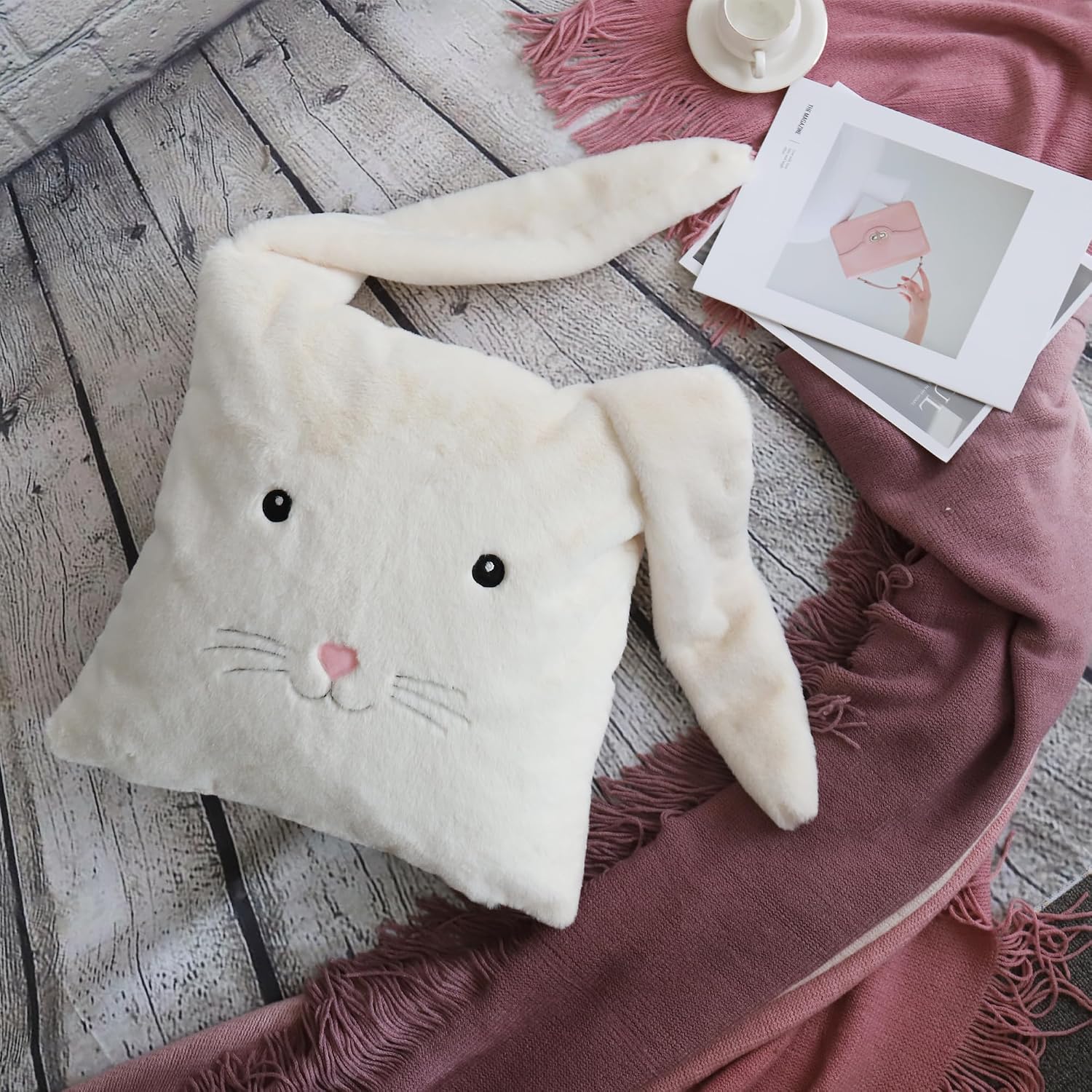 Long Eared Rabbit Throw Pillow Cover Faux Fur Plush Pillow Case Easter Decorative Cushion Cover for Holiday Home Decor Sofa Couch Living Bed Room Beige