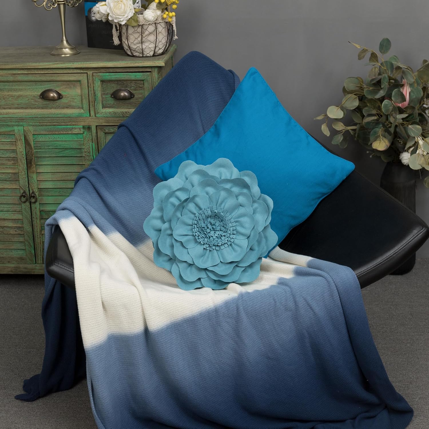 VG|teal-blue|Flower Throw Pillow Cover Decorative Round Pillowcase Floral Cushion for Bed Sofa Couch Car Decor