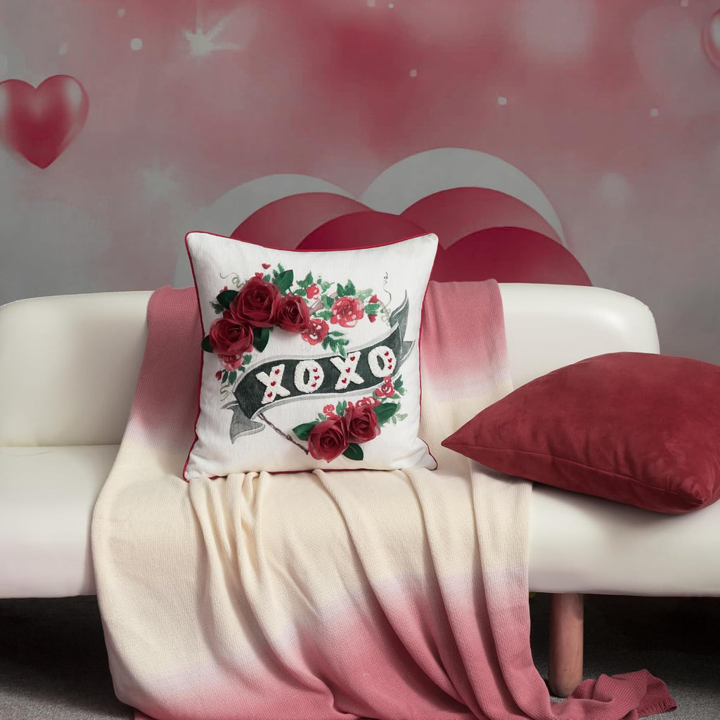 3D Rose Valentines Day Throw Pillow Cover Embroidery XOXO Cushion Cover Heart Holiday Decorative Pillow Case for Sofa Couch Bedroom Living Room Red