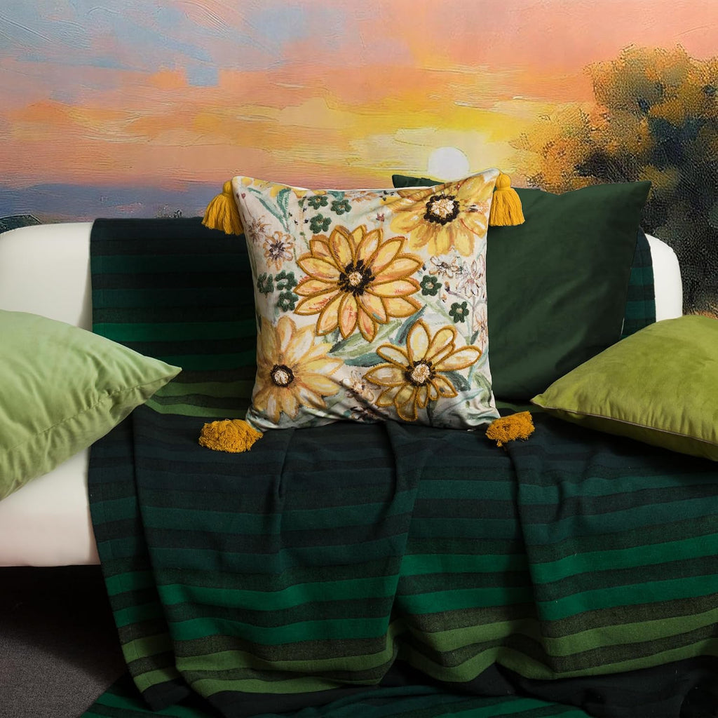 Velvet Throw Pillow Cover with Sunflower Design, Yellow and Green
