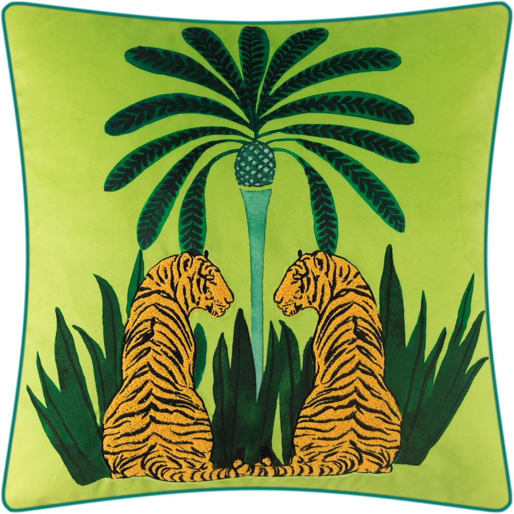 Decorative Tiger Embroidered Design Throw Pillow Cover Tropical Palm Pillowcase - Green