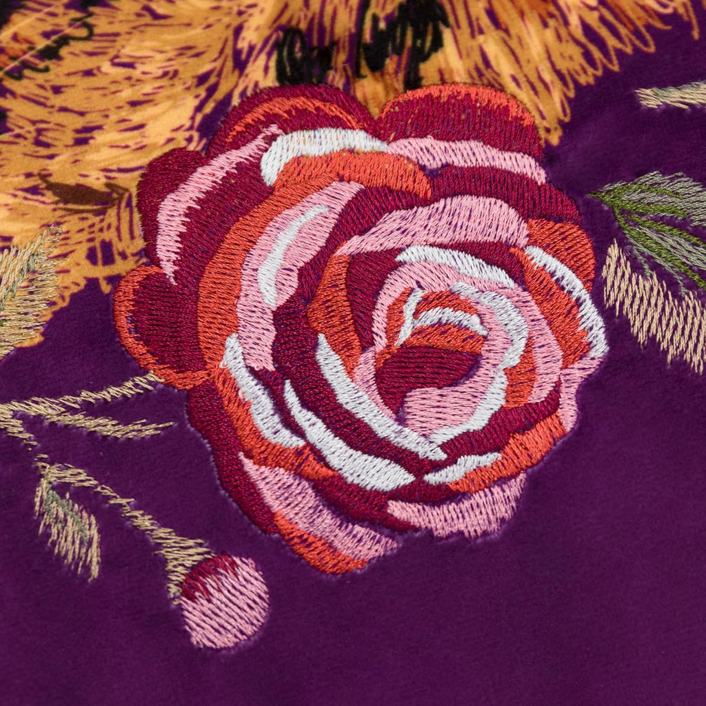 Embroidered Tiger Throw Pillow Cover Decorative Rose Pink Floral Cushion Case Soft Velvet Pillowcase for Sofa Couch Bed Living Room Fuchsia Purple