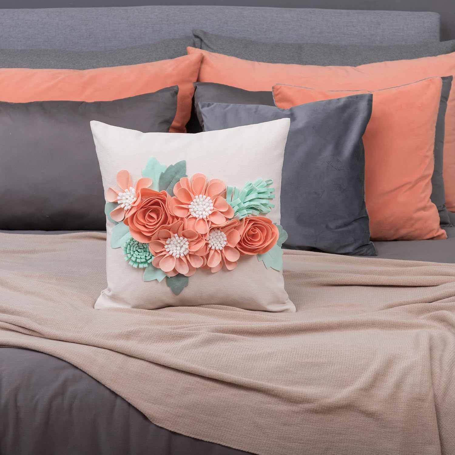 VG|peach-pink|3D Flower Throw Pillow Cover Aesthetic Decorative Floral Accent Pillow Colorful Cushion for Bed Living Room Couch Office Decor Beige Green