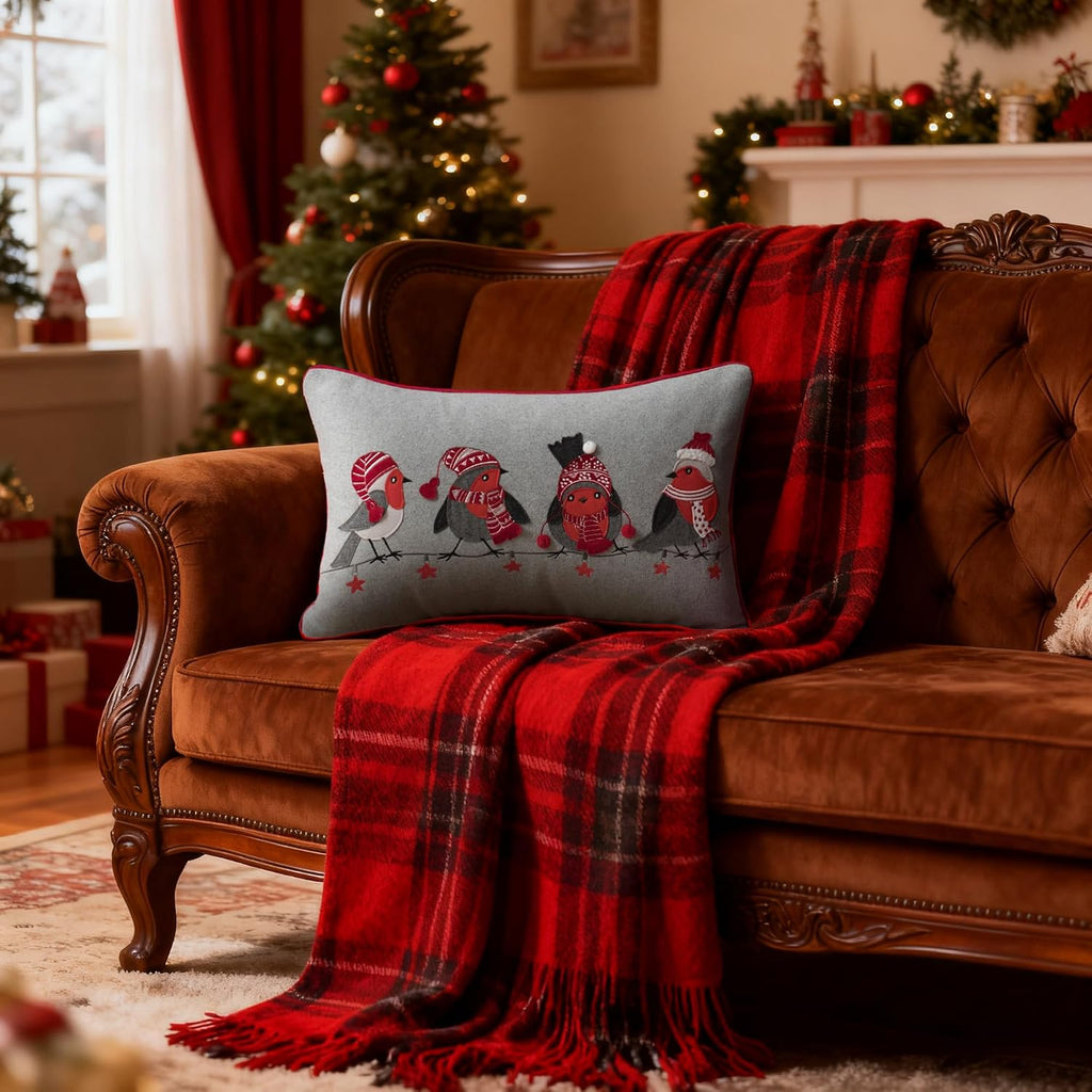 Christmas Robin Bird Throw Pillow Cover Applique Pillow Case Oblong Cushion Cover for Home Decor Living Room Bed Sofa Couch