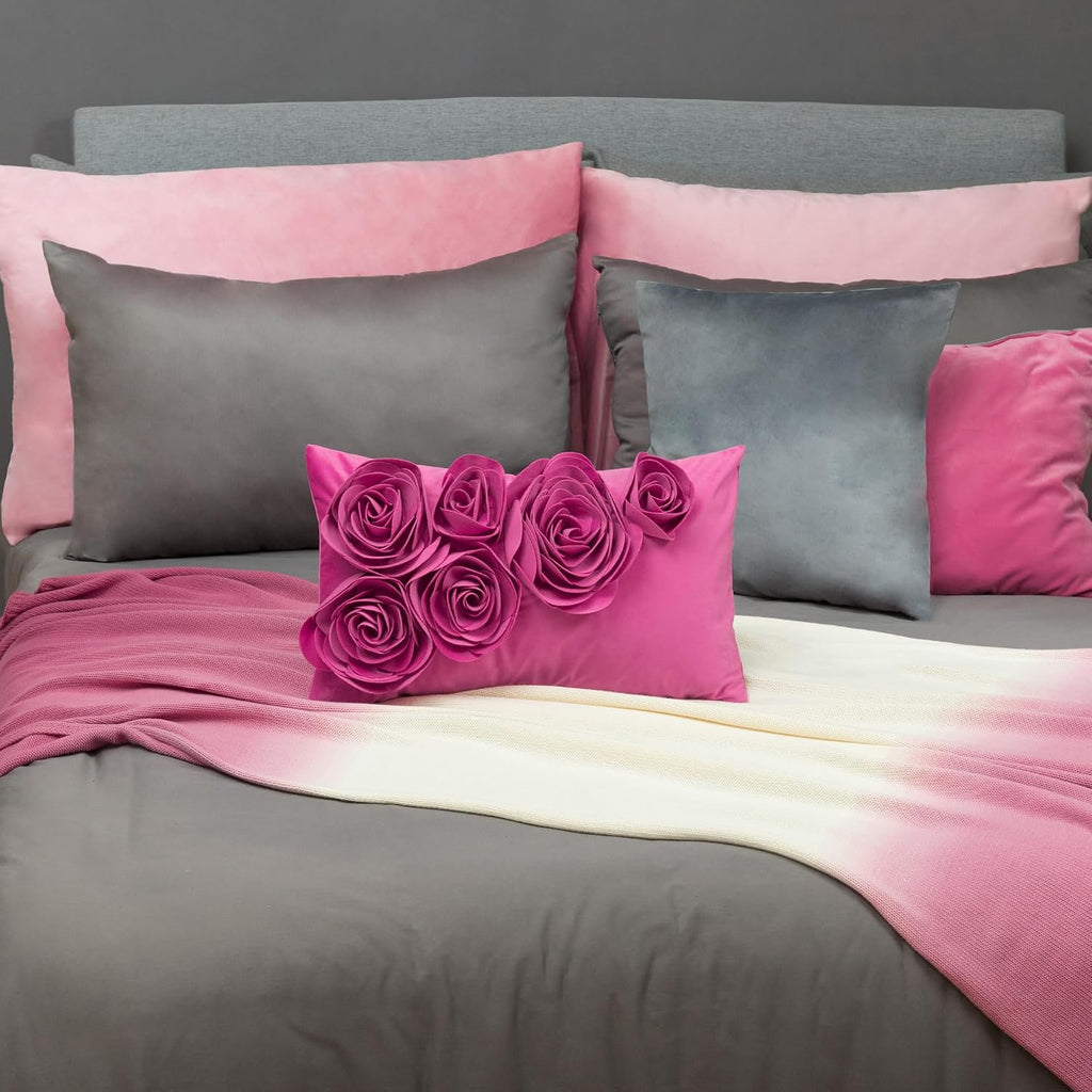 VG|hot-pink|3D Flower Throw Pillow Cover Handmade Floral Soft Velvet Lumbar Cushion for Bed Living Room Chair Couch Decor Gold