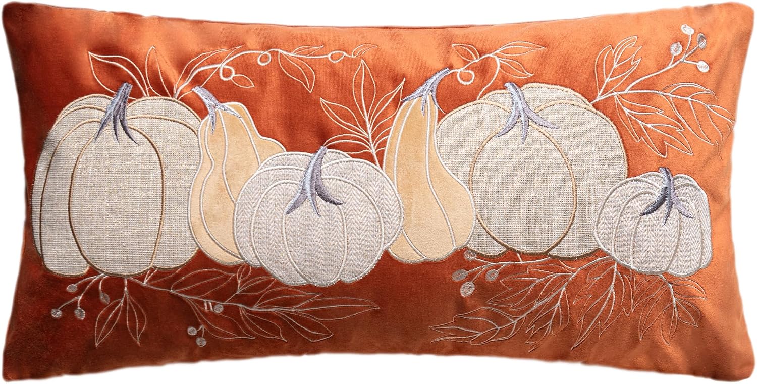 Fall Harvest Pumpkin Embroidered Throw Pillow Cover Velvet - 28" x 14" (Pack of 1)