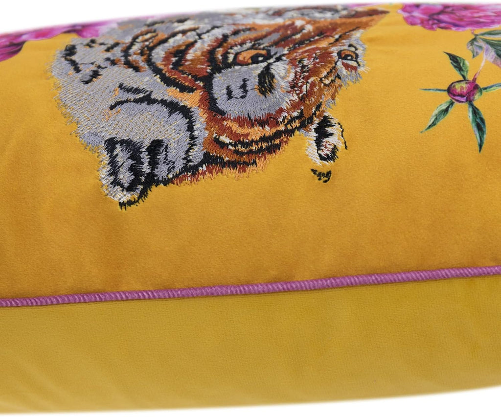 Yellow Tiger Pillow Covers Decorative Flower Embroidered Throw Pillow Colorful Accent Pillow Case Velvet Cushion Luxury Pillowcase for Bed Couch Bedroom Office Decor
