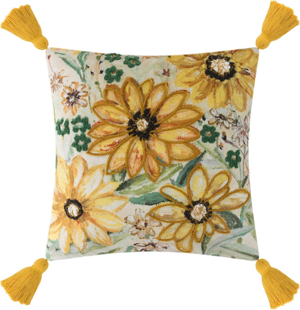 Velvet Throw Pillow Cover with Sunflower Design, Yellow and Green - Default Title