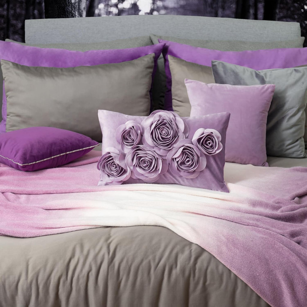 VG|purple|3D Flowers Throw Pillow Cover Decorative Soft Velvet Accent Floral Cushion Lumbar Pillowcase for Bed Sofa Couch Living Room