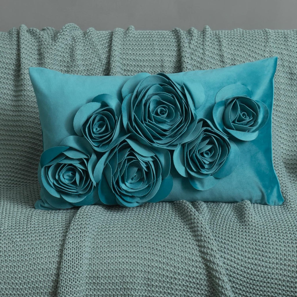 VG|turquoise|3D Flowers Throw Pillow Cover Decorative Soft Velvet Accent Floral Cushion Lumbar Pillowcase for Bed Sofa Couch Living Room