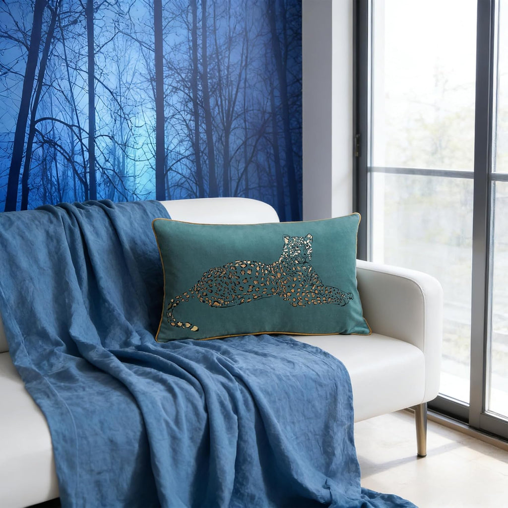 VG|teal-blue|Leopard Print Throw Pillow Cover Decorative Velvet Cushion with Gold Foil Printing for Bed Couch Chair Car