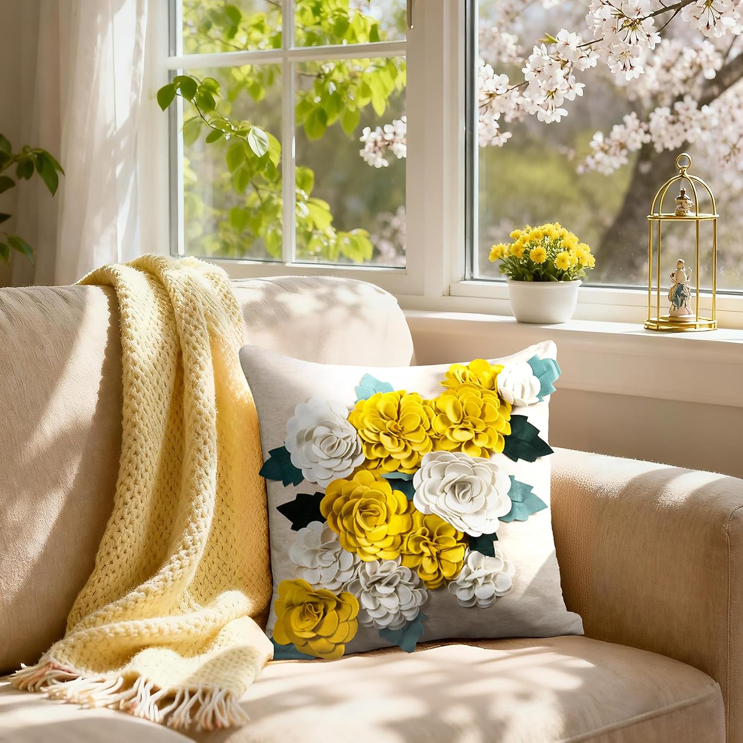 VG|yellow-white|3D Flower Throw Pillow Cover