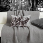 VG|gray|3D Flowers Throw Pillow Cover Decorative Soft Velvet Accent Floral Cushion Lumbar Pillowcase for Bed Sofa Couch Living Room