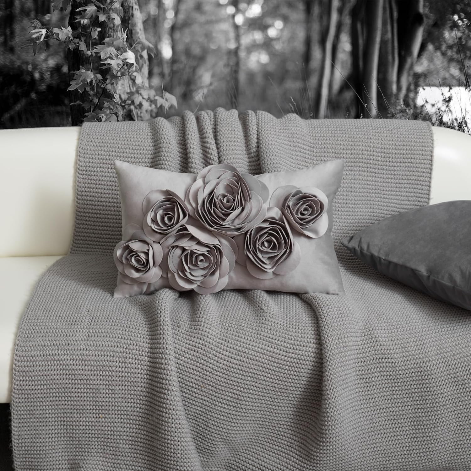 VG|gray|3D Flowers Throw Pillow Cover Decorative Soft Velvet Accent Floral Cushion Lumbar Pillowcase for Bed Sofa Couch Living Room