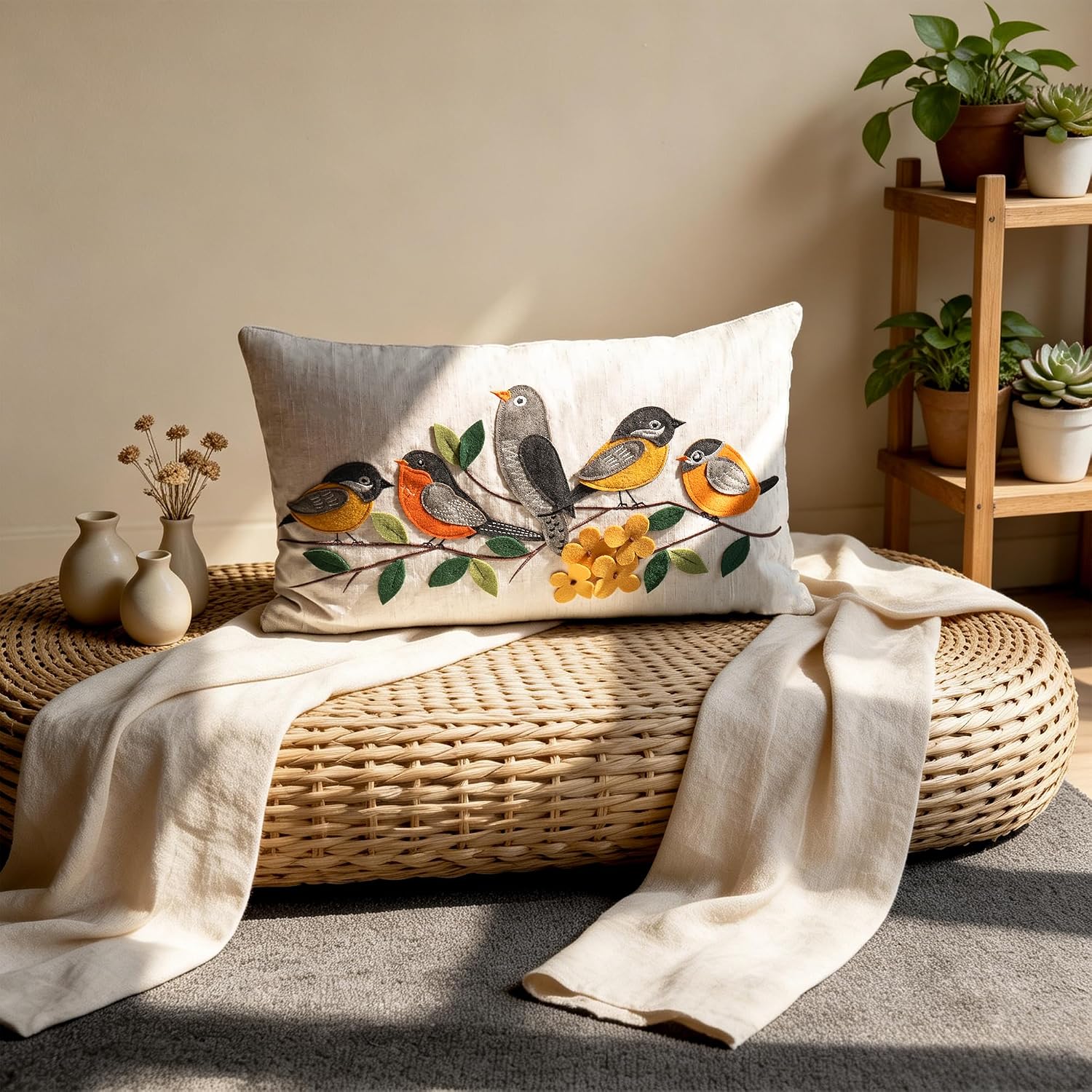 Applique Birds Throw Pillow Cover, Orange