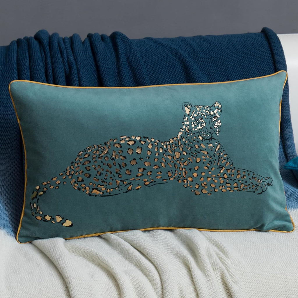 VG|teal-blue|Leopard Print Throw Pillow Cover Decorative Velvet Cushion with Gold Foil Printing for Bed Couch Chair Car