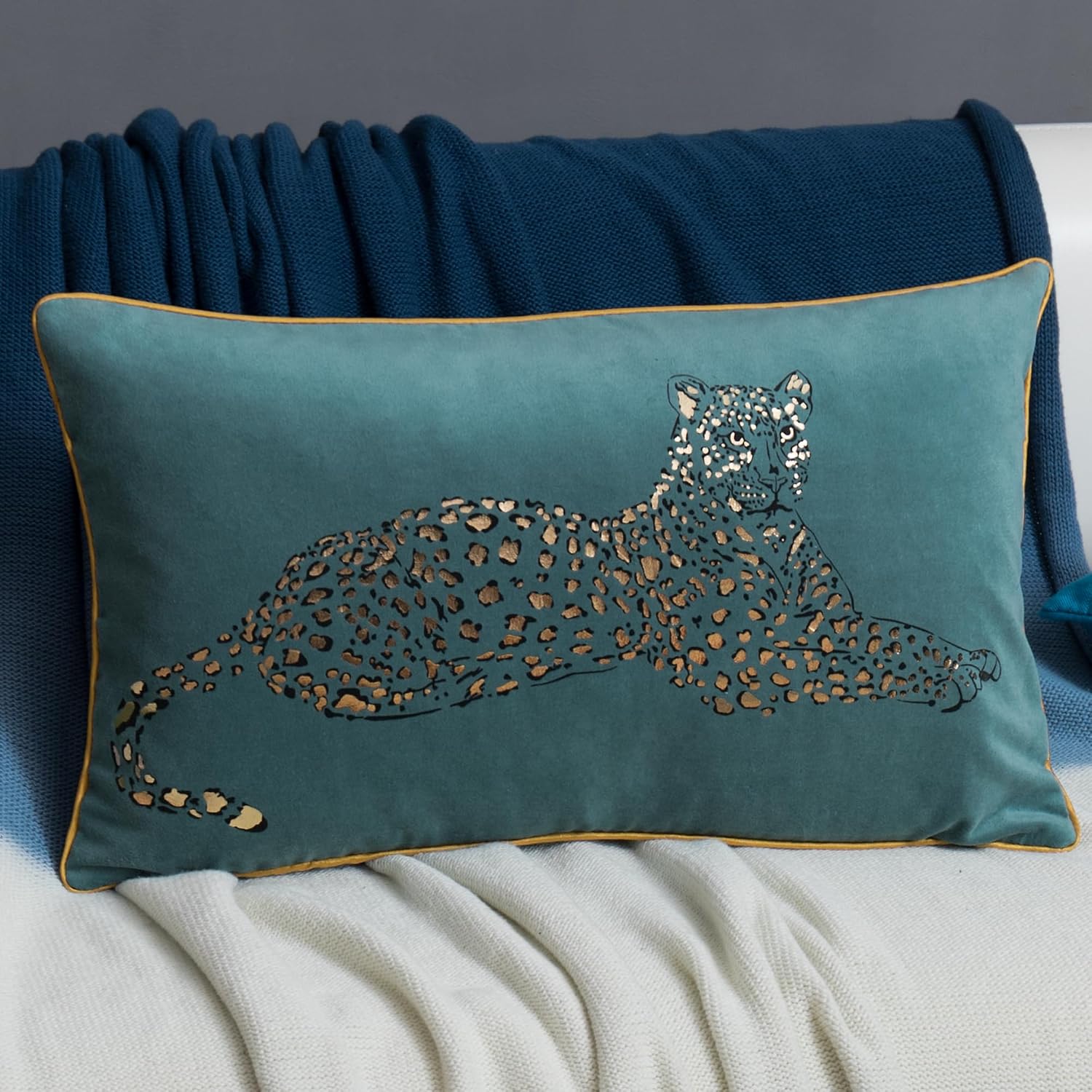 VG|teal-blue|Leopard Print Throw Pillow Cover Decorative Velvet Cushion with Gold Foil Printing for Bed Couch Chair Car
