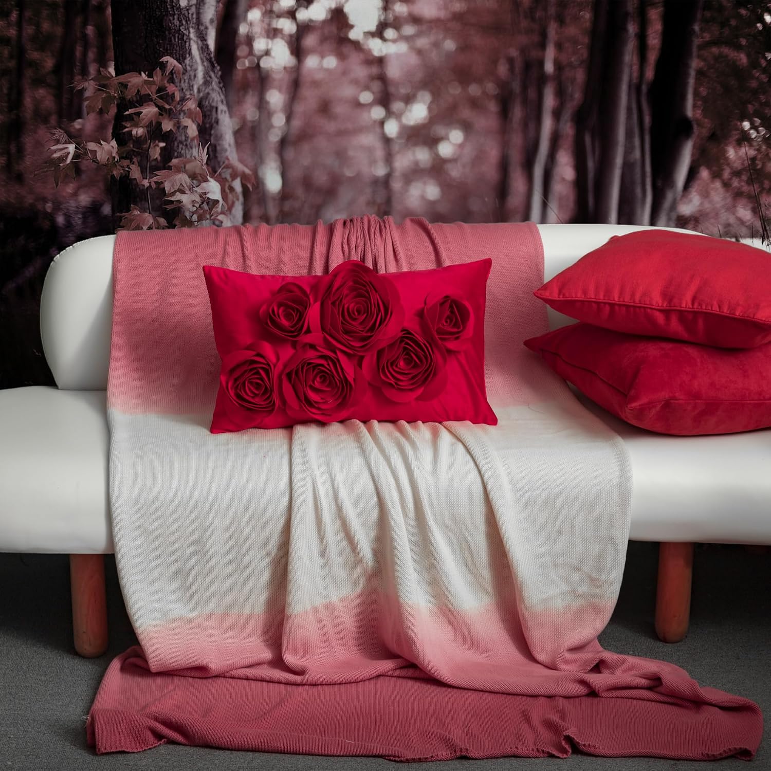 VG|red|3D Flowers Throw Pillow Cover Decorative Soft Velvet Accent Floral Cushion Lumbar Pillowcase for Bed Sofa Couch Living Room