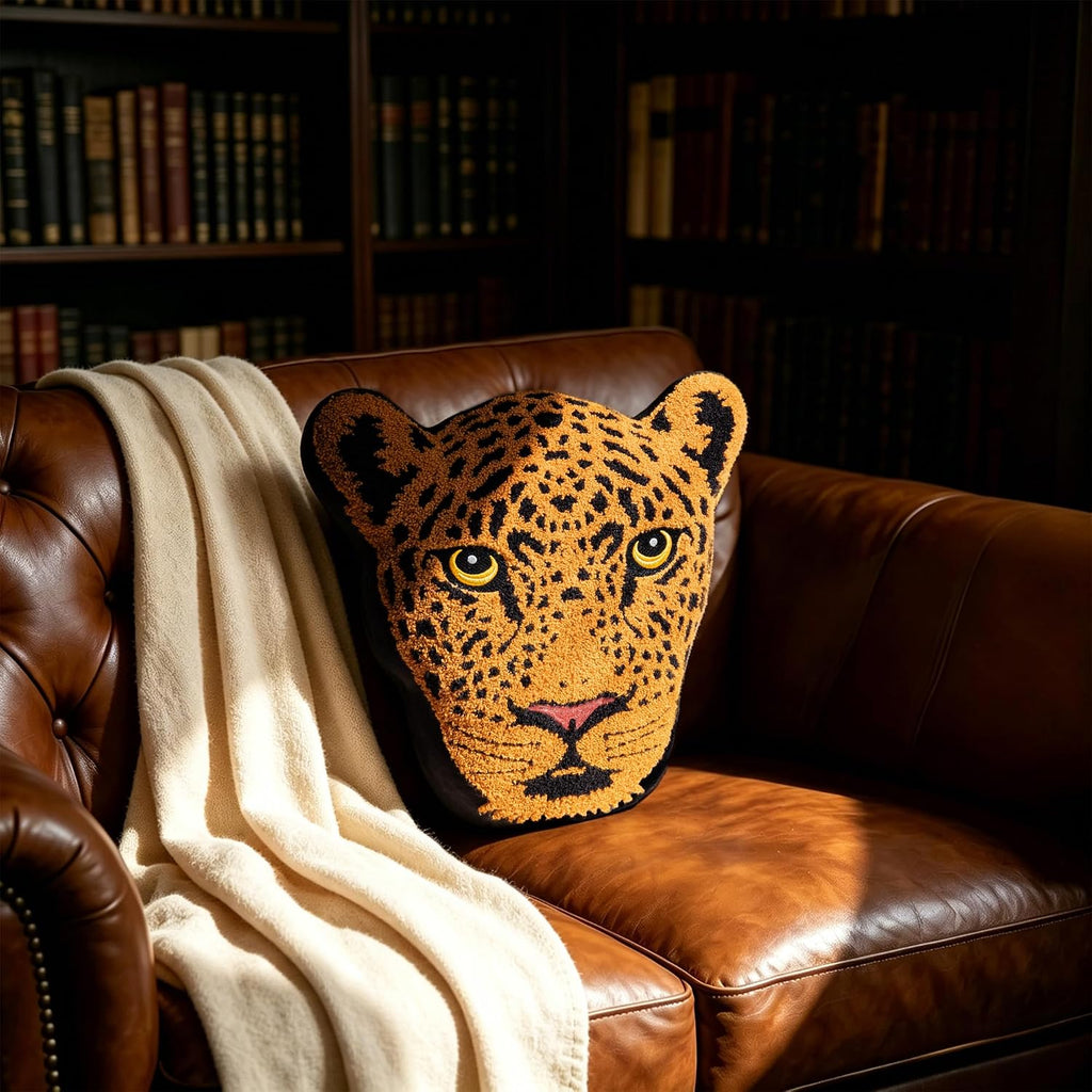 3D Leopard Face Shaped Throw Pillow, Embroidered Animal Decorative Cushion