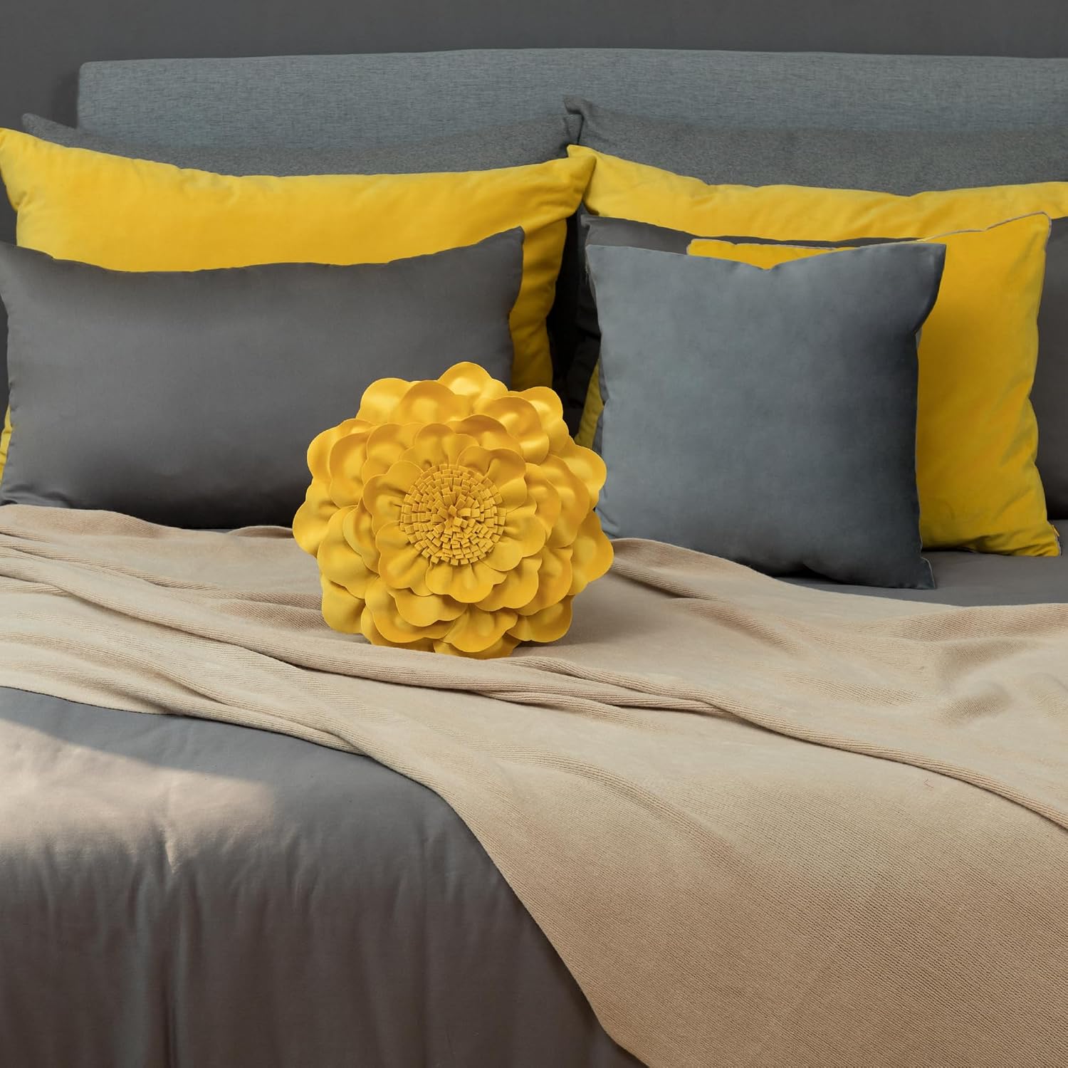 VG|yellow|Flower Throw Pillow Cover Decorative Round Pillowcase Floral Cushion for Bed Sofa Couch Car Decor