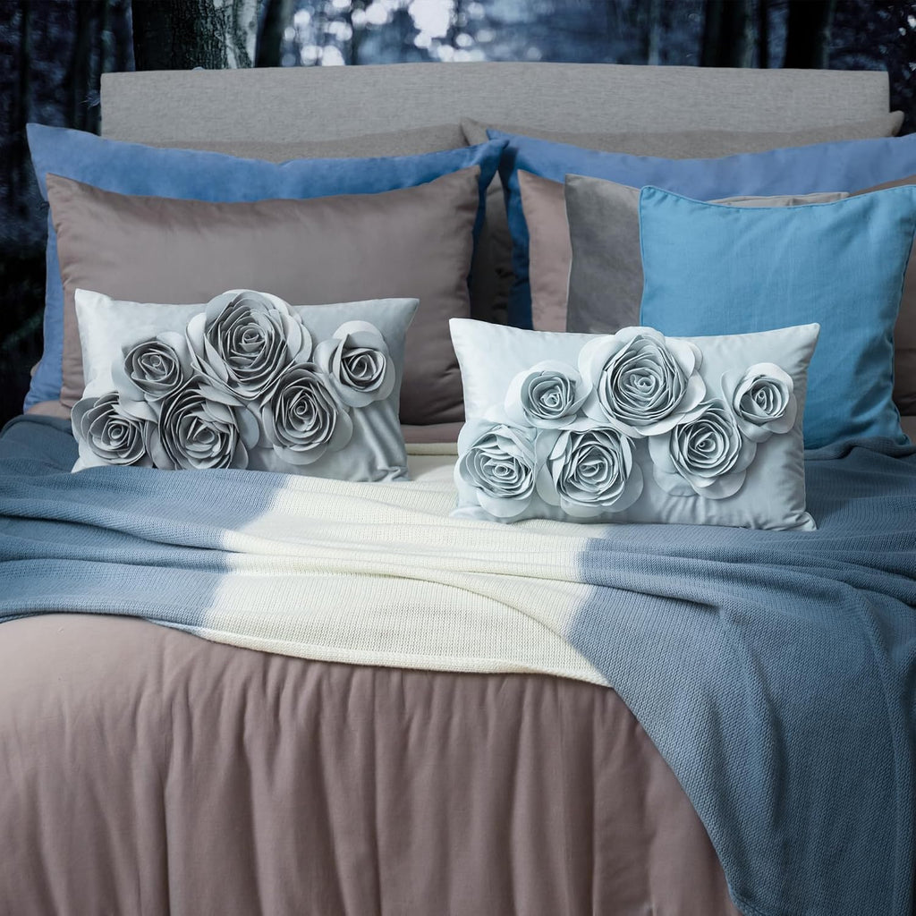 VG|sky-blue|3D Flowers Throw Pillow Cover Decorative Soft Velvet Accent Floral Cushion Lumbar Pillowcase for Bed Sofa Couch Living Room