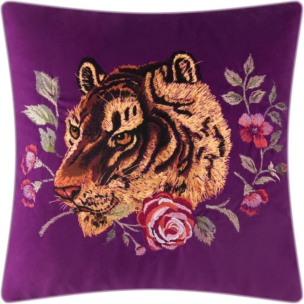 Embroidered Tiger Throw Pillow Cover Decorative Rose Pink Floral Cushion Case Soft Velvet Pillowcase for Sofa Couch Bed Living Room Fuchsia Purple - Default Title