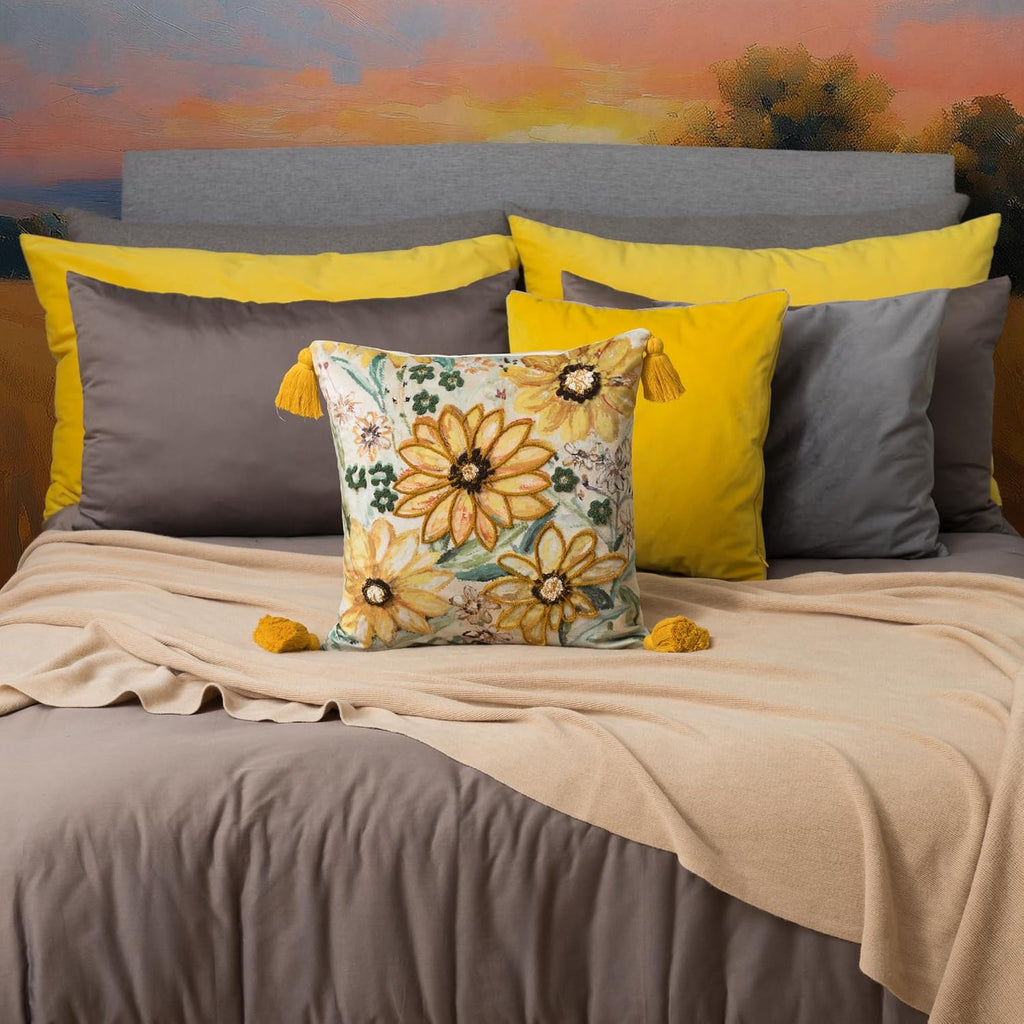 Velvet Throw Pillow Cover with Sunflower Design, Yellow and Green