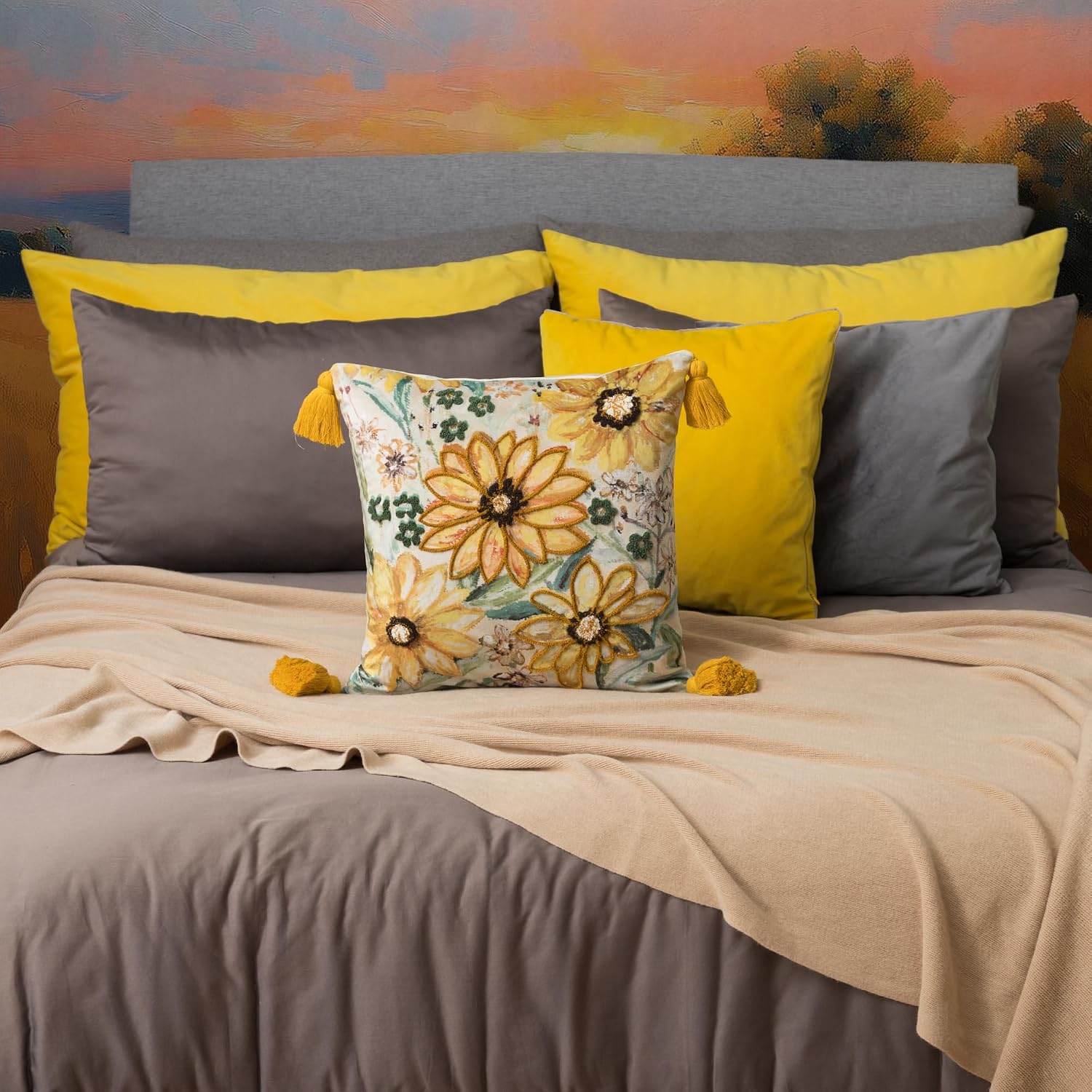 Velvet Throw Pillow Cover with Sunflower Design, Yellow and Green