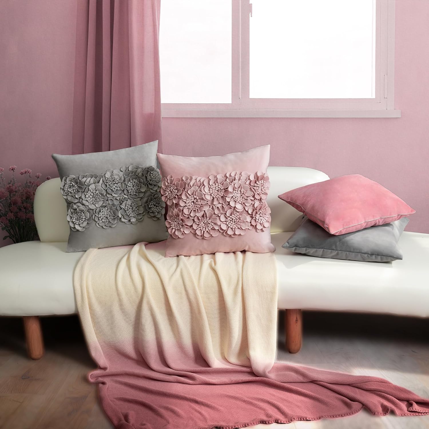 VG|dusty-pink,gray|Handmade 3D Flower Throw Pillow Cover