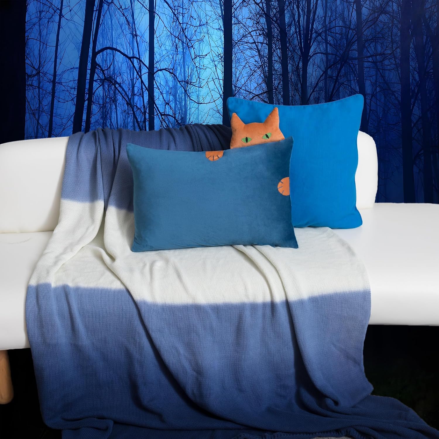 Decorative Velvet Throw Pillow Cover with 3D Peeking Cat Design Navy Blue Pillowcase