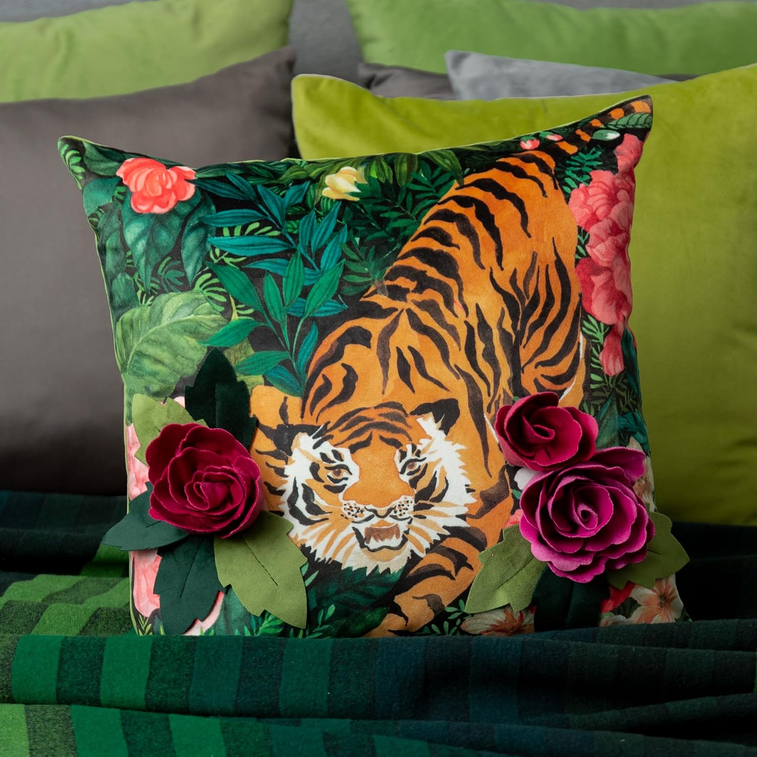 Tiger Throw Pillow Covers, Green Burgundy