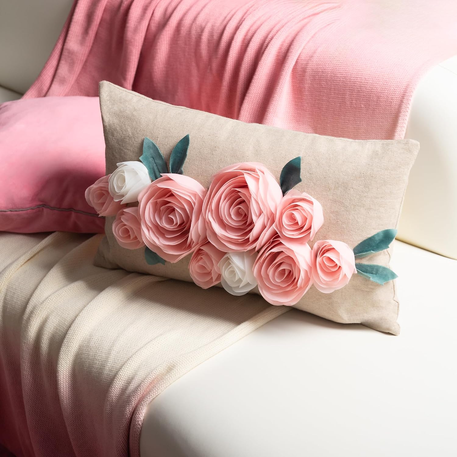 Decorative 3D Floral Throw Pillow Cover for Couch Living Room Home Decor Pink and White