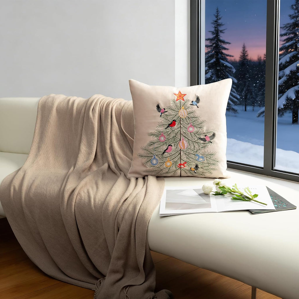 Christmas Tree Embroidered Throw Pillow Covers Accent Pillowcases Christmas Decorations for Indoor Couch Bed Living Room Home Xmas Holiday Decor